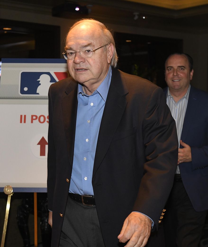Arizona Diamondbacks owner Ken Kendrick is followed by Derrick Hall, president and CEO of the Diamondbacks, as they leave a gathering during Major League Baseball owners meetings Wednesday, Jan. 31, 2018, in Los Angeles. (AP Photo/Mark J. Terrill)