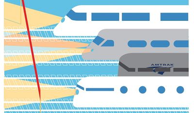 Illustration on the woes of Amtrak by Linas Garsys/The Washington Times