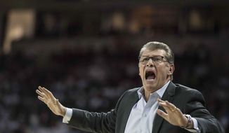 Connecticut head coach Geno Auriemma reacts to a play during the first half of an NCAA college basketball game against South Carolina Thursday, Feb. 1, 2018, in Columbia, S.C. (AP Photo/Sean Rayford)