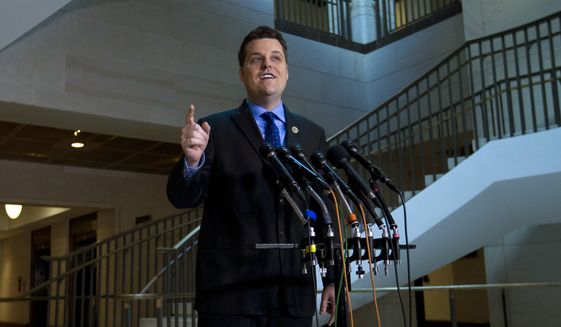 Rep. Matt Gaetz, R-Fla., speaks during a news conference outside of the House Intelligence Committee on Capitol Hill in Washington, Friday, Feb. 2, 2018. (AP Photo/Jose Luis Magana)