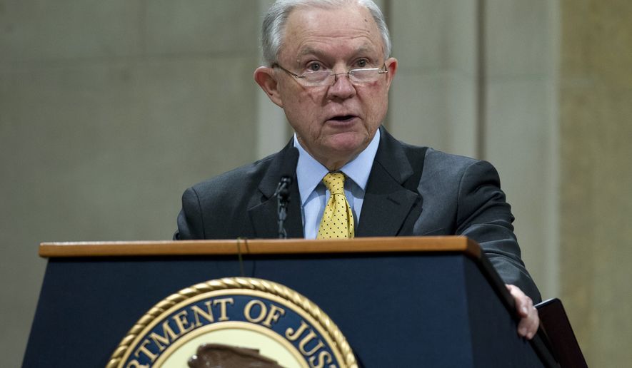 Attorney General Jeff Sessions speaks during the opening of the summit on Efforts to Combat Human Trafficking at Department of Justice in Washington, Friday, Feb. 2, 2018. President Donald Trump, dogged by an unrelenting investigation into his campaign&#x27;s ties to Russia, lashes out at the FBI and Justice Department as politically biased ahead of the expected release of a classified Republican memo criticizing FBI surveillance tactics. (AP Photo/Jose Luis Magana)