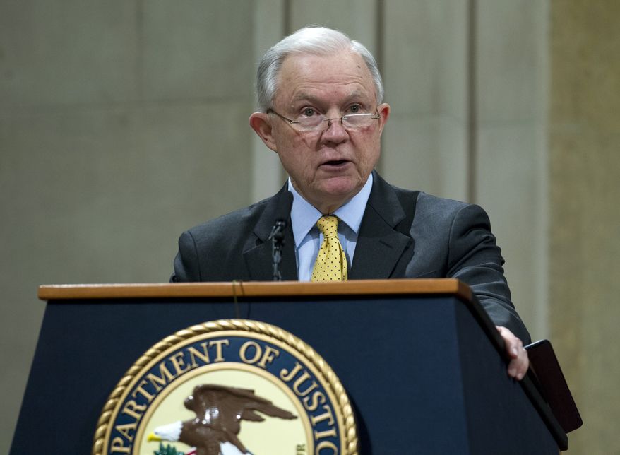 Attorney General Jeff Sessions speaks during the opening of the summit on Efforts to Combat Human Trafficking at Department of Justice in Washington, Friday, Feb. 2, 2018. President Donald Trump, dogged by an unrelenting investigation into his campaign's ties to Russia, lashes out at the FBI and Justice Department as politically biased ahead of the expected release of a classified Republican memo criticizing FBI surveillance tactics. (AP Photo/Jose Luis Magana)
