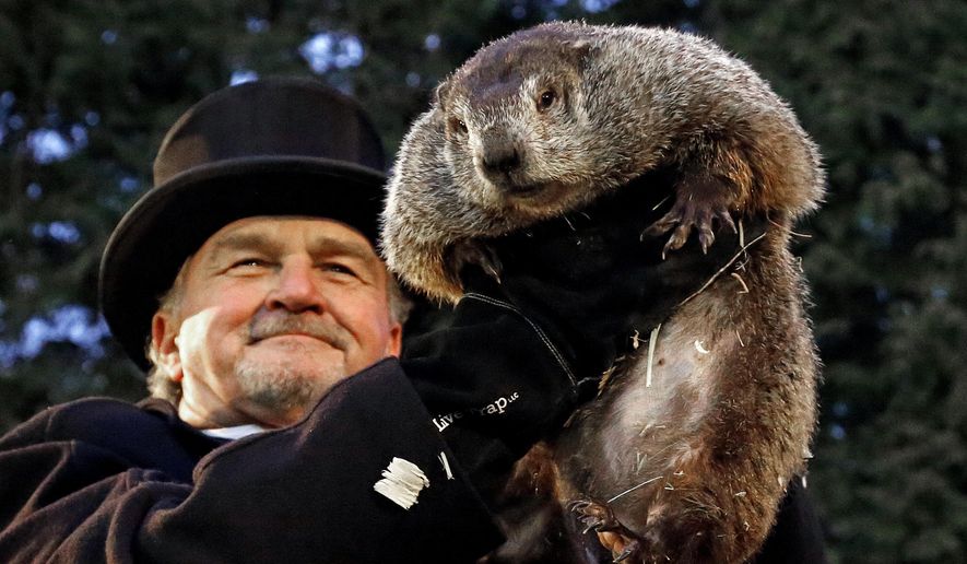 In this Feb. 2, 2017, file photo, Groundhog Club handler John Griffiths holds Punxsutawney Phil, the weather prognosticating groundhog, during the 131st celebration of Groundhog Day on Gobbler's Knob in Punxsutawney, Pa. Punxsutawney. (AP Photo/Gene J. Puskar, File)