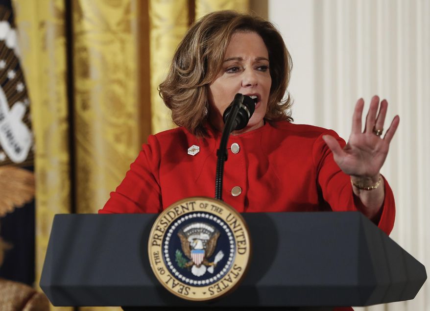 FILE - In this March 29, 2017, file photo, Deputy National Security Adviser K.T. McFarland speaks at the Women's Empowerment Panel, at the White House in Washington. President Donald Trump said Feb. 2, 2018, that McFarland had withdrawn from consideration to be ambassador to Singapore, expressing his “disappointment.” He said McFarland served his administration “with distinction” and said Democrats “chose to play politics rather than move forward with a qualified nominee for a critically important post.” (AP Photo/Pablo Martinez Monsivais, File)