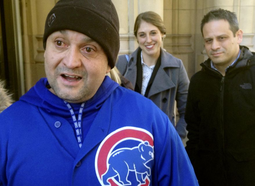 Gabriel Solache speaks with reporters in Chicago, Friday, Feb. 2, 2018, after he was released from prison. Solache, a Mexican immigrant wrongfully convicted of a double-murder nearly 20 years ago was granted his freedom in December, but his liberty was short-lived. He was in the country illegally and immediately detained by Immigration and Customs Enforcement to be deported. He was released Friday on bond while his immigration case progresses in the hopes he can stay in the U.S. (AP Photo/Don Babwin)