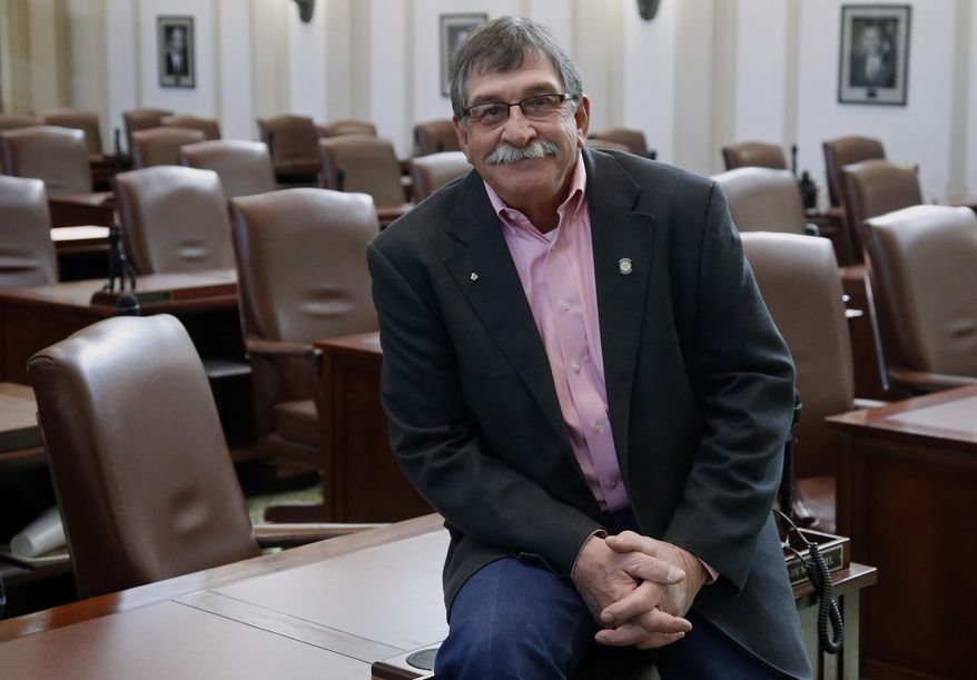Oklahoma state Rep. Rick West -R-Heavener, poses for a photo in the House chamber at the Capitol in Oklahoma City, Thursday, Feb. 1, 2018. West has introduced a bill requiring certain sex offenders to undergo so-called "chemical castration" as a condition of release. (AP Photo/Sue Ogrocki)
