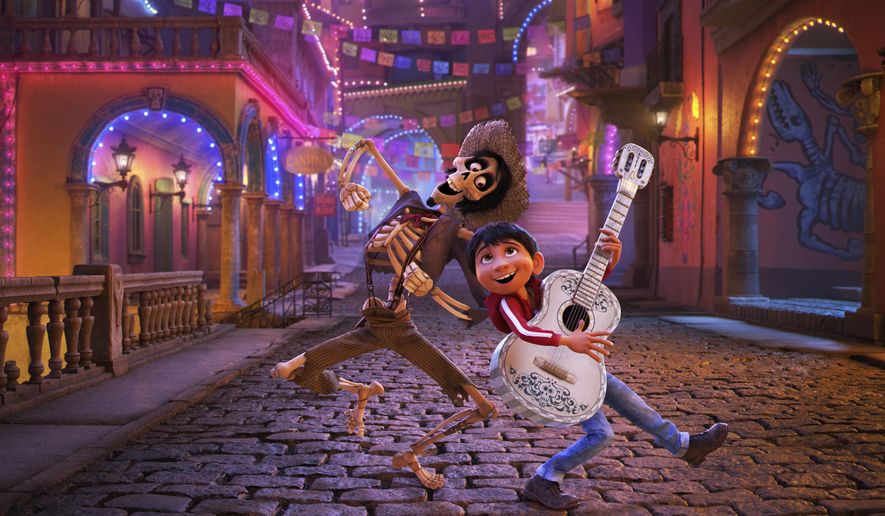In this image released by Disney-Pixar, character Hector, voiced by Gael Garcia Bernal, left, and Miguel, voiced by Anthony Gonzalez, appear in a scene from the animated film, "Coco." Pixar's "Coco" swept the 45th Annie Awards, winning 11 awards at the annual ceremony honoring the year's best in animation. (Disney-Pixar via AP)