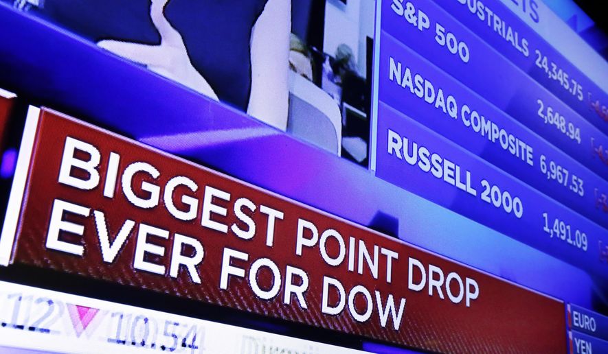 A television screen on the floor of the New York Stock Exchange headlines the stock index news at the close of trading, Monday, Feb. 5, 2018. The Dow Jones industrial average plunged more than 1,100 points Monday as stocks took their worst loss in six and a half years. (AP Photo/Richard Drew)