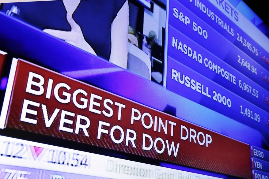 A television screen on the floor of the New York Stock Exchange headlines the stock index news at the close of trading, Monday, Feb. 5, 2018. The Dow Jones industrial average plunged more than 1,100 points Monday as stocks took their worst loss in six and a half years. (AP Photo/Richard Drew)