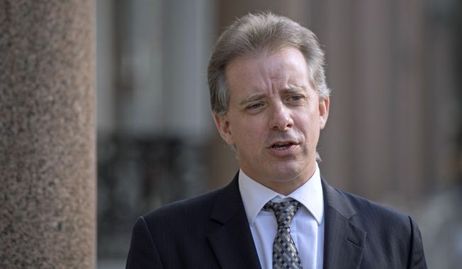 Christopher Steele, former British intelligence officer, in London Tuesday, March 7, 2017. Steele who compiled an explosive and unproven dossier on President Donald Trump’s purported activities in Russia has returned to work. Christopher Steele said Tuesday he is “really pleased” to be back at work in London after a prolonged period out of public view. He went into hiding in January. (Victoria Jones/PA via AP) ** FILE **
