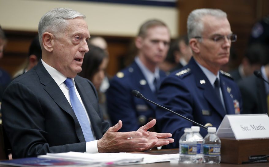 Defense Secretary Jim Mattis, left, speaks, accompanied by Vice Chairman of the Joint Chiefs General Paul J. Selva, during a hearing of the House Armed Services Committee on Capitol Hill, Tuesday, Feb. 6, 2018 in Washington. Mattis says the administration&#39;s new nuclear strategy pays the right amount of attention to arms control, even as it focuses on strengthening the nuclear force. (AP Photo/Alex Brandon)