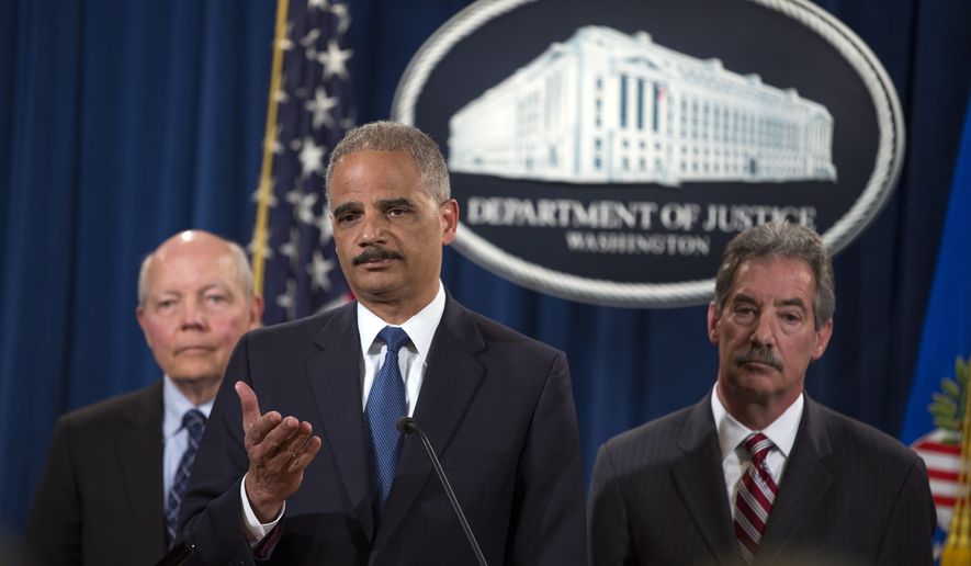 IRS Commissioner John Koskinen, left, and Deputy Attorney General James Cole, right, watch as Attorney General Eric Holder speaks during a news conference at the Justice Department, on Monday, May 19, 2014, in Washington. The Justice Department on Monday charged Credit Suisse AG with helping wealthy Americans avoid paying taxes through offshore accounts, and a person familiar with the matter said the European bank has agreed to pay about $2.6 billion in penalties. (AP Photo/ Evan Vucci)
