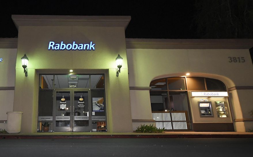 A Rabobank bank location is seen, Tuesday, Feb. 6, 2018, in Thousand Oaks, Calif. Dutch lender Rabobank's California subsidiary is scheduled to enter a plea a long-running investigation that led to allegations the bank was used to launder millions of dollars in Mexican drug money. (AP Photo/Mark J. Terrill)