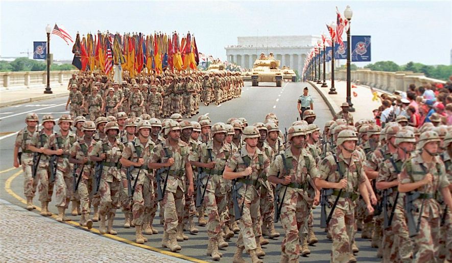 The last U.S. military parade — &quot;The National Victory Celebration&quot; — was staged in the District of Columbia on June 8, 1991 to mark the end of Operation Desert Storm and featured 8,800 troops. (Associated Press)