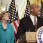 Sen. Cory Booker, D-N.J., and Sen. Elizabeth Warren, D-Mass., participate in a news conference on Capitol Hill in Washington, Tuesday, July 11, 2017, to discuss the introduction of the Dignity for Incarcerated Women Act. The bill helps address some of the unique challenges women face while in prison. (AP Photo/Pablo Martinez Monsivais) ** FILE **

