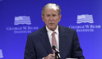 In this Thursday, Oct. 19, 2017, file photo, former U.S. President George W. Bush speaks at a forum sponsored by the George W. Bush Institute in New York. (AP Photo/Seth Wenig, File)