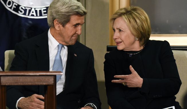 Secretary of State John Kerry, left, and former Secretary of State Hillary Clinton talk at a reception celebrating the completion of the U.S. Diplomacy Center Pavilion at the State Department in Washington, Tuesday, Jan. 10, 2017. (AP Photo/Sait Serkan Gurbuz)