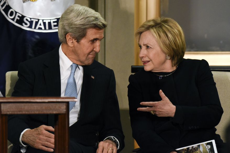 Secretary of State John Kerry, left, and former Secretary of State Hillary Clinton talk at a reception celebrating the completion of the U.S. Diplomacy Center Pavilion at the State Department in Washington, Tuesday, Jan. 10, 2017. (AP Photo/Sait Serkan Gurbuz)