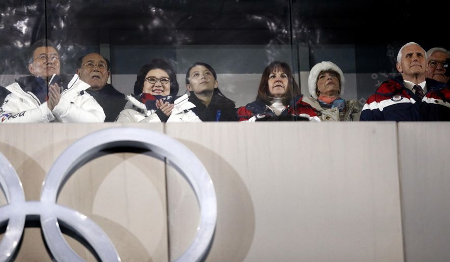 Kim Yong Nam, president of the Presidium of the North&#39;s Parliament, second from left in the back, and Kim Jong Un&#39;s sister Kim Yo Jong, center, observe with South Korean President Moon Jae-in, front left, first lady Kim Jung-sook,  second lady Karen Pence, and United States Vice President Mike Pence during the opening ceremony of the 2018 Winter Olympics in Pyeongchang, South Korea, Friday, Feb. 9, 2018. (AP Photo/Jae C. Hong)