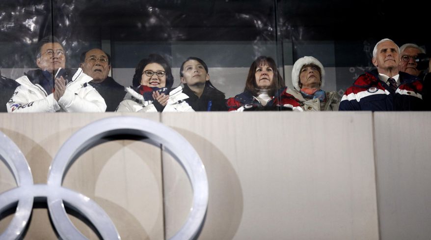 Kim Yong Nam, president of the Presidium of the North&#39;s Parliament, second from left in the back, and Kim Jong Un&#39;s sister Kim Yo Jong, center, observe with South Korean President Moon Jae-in, front left, first lady Kim Jung-sook,  second lady Karen Pence, and United States Vice President Mike Pence during the opening ceremony of the 2018 Winter Olympics in Pyeongchang, South Korea, Friday, Feb. 9, 2018. (AP Photo/Jae C. Hong)