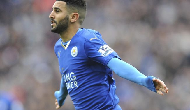 FILE - In this file photo dated Sunday, April 24, 2016, Leicesters Riyad Mahrez celebrates after scoring during he English Premier League soccer match against Swansea City at the King Power Stadium in Leicester, England.  Denied a chance for leave for new chances of glory at Manchester City, but Mahrez seems to be in a huff and won’t be on the pitch at all upcoming Saturday. (AP Photo/Rui Vieira, FILE)