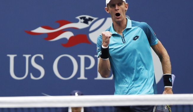 FILE - In this Sept. 10, 2017, file photo, Kevin Anderson, of South Africa, reacts after scoring a point against Rafael Nadal, of Spain, during the men&#x27;s singles final of the U.S. Open tennis tournament in New York. New York no longer has to wait for the U.S. Open for top-level tennis. The New York Open debuts next week at Nassau Coliseum, a new home for a tournament that has attracted many of the best American men’s players and hopes it can someday get the best in the world.(AP Photo/Andres Kudacki, File)