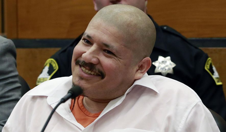 Luis Bracamontes looks up as the verdict was read in the killing of two law enforcement officer, in Sacramento Superior Court, Friday, Feb. 9, 2018, in Sacramento, Calif. Bracamontes was found guilty of shooting Sacramento County sheriff’s Deputy Danny Oliver in 2014, then killing Placer County sheriff&#x27;s Detective Michael Davis Jr. hours later. (AP Photo/Rich Pedroncelli)