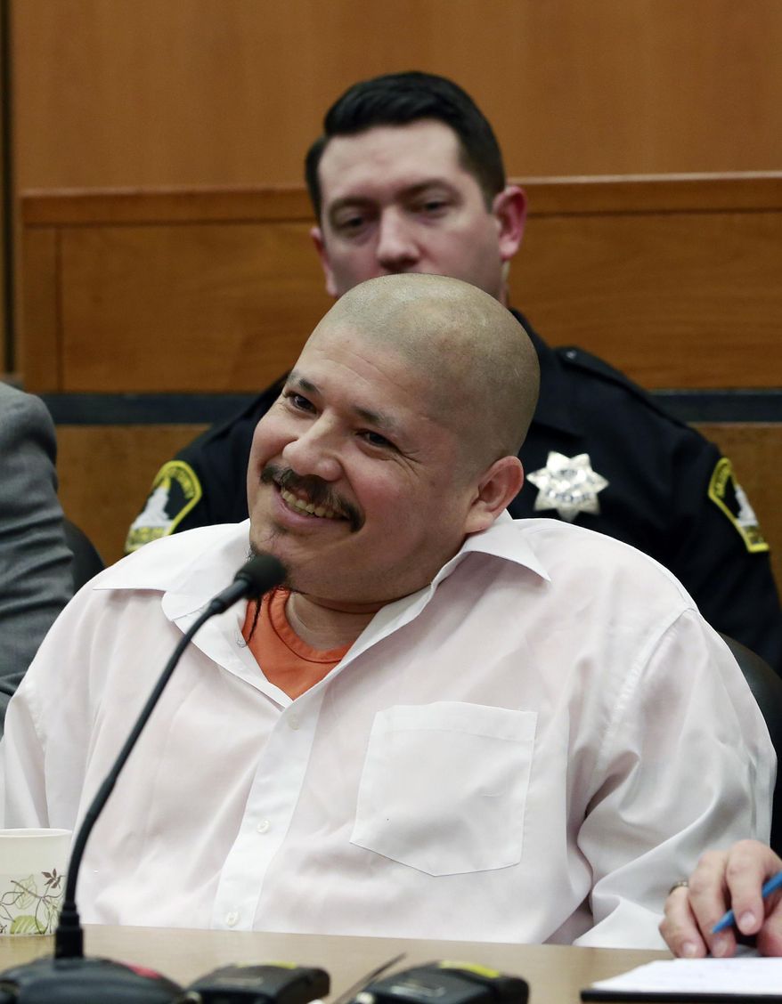 Luis Bracamontes looks up as the verdict was read in the killing of two law enforcement officer, in Sacramento Superior Court, Friday, Feb. 9, 2018, in Sacramento, Calif. Bracamontes was found guilty of shooting Sacramento County sheriff’s Deputy Danny Oliver in 2014, then killing Placer County sheriff&#x27;s Detective Michael Davis Jr. hours later. (AP Photo/Rich Pedroncelli)