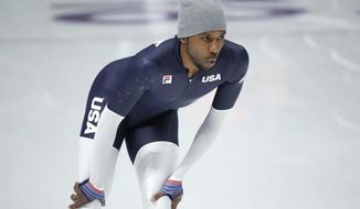 Shani Davis of the United States trains during a speed skating training session prior to the 2018 Winter Olympics in Gangneung, South Korea, Friday, Feb. 9, 2018. (AP Photo/John Locher)