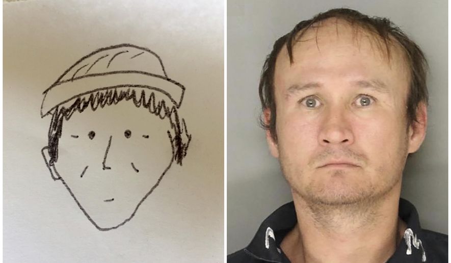 This combination of photos provided by the Lancaster City Bureau of Police in Lancaster, Pa., shows a 2018 sketch drawn by an unnamed witness, left, of a suspect in the Jan. 30, 2018, theft of an undisclosed amount of cash from a farmers market in Lancaster, Pa.; and a July 11, 2017, photo of Hung Phuoc Nguyen, right, identified by police as the suspect in the theft. The witness provided the simple hand-drawn, black-and-white sketch to officers, and police say while the drawing was cartoonish it helped remind an investigator of a potential suspect. WHP-TV reports a photo of the suspect was given to the witness, who made a positive identification. (Lancaster City Bureau of Police via AP)