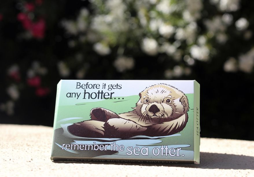 This undated photo provided by the Center for Biological Diversity in Tucson, Ariz., shows a condom package designed by Lori Lieber from the center's "Endangered Species Condoms" series, featuring rhyming maxims and Shawn DiCriscio's illustrations of animal species threatened by population growth. As part of the center's "Pillow Talk" program, hundreds of the condoms will be distributed for free during evening Valentine's Day events for adults on Friday, Feb. 9, 2018, at the Carnegie Science Center in Pittsburgh and the San Diego Natural History Museum. (Center for Biological Diversity via AP)