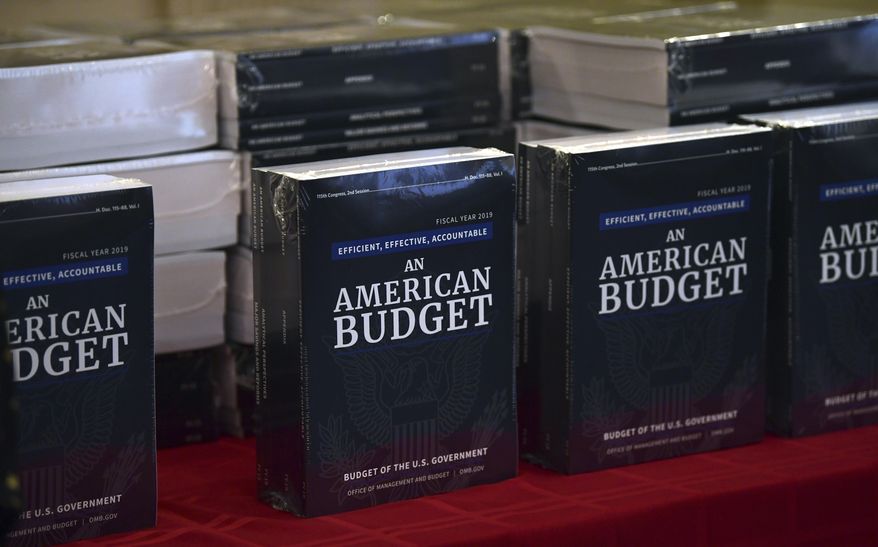 The President's FY19 Budget is on display after arriving on Capitol Hill in Washington, Monday, Feb. 12, 2018. (AP Photo/Susan Walsh)
