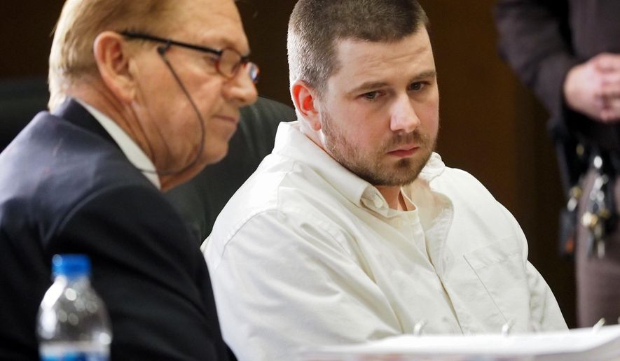Zachary Patten of Portage, right, sits in court in Klalmazoo, Mich., on felony charges of open murder, carrying a concealed weapon and felony firearm in Kalamazoo, and felony murder, open murder, first-degree home invasion and felony firearm charges in St. Joseph County. Patten was found guilty in the July 2017 murder of Graciela Portillo-Esparza. (Mark Bugnaski/Kalamazoo Gazette-MLive Media Group via AP)