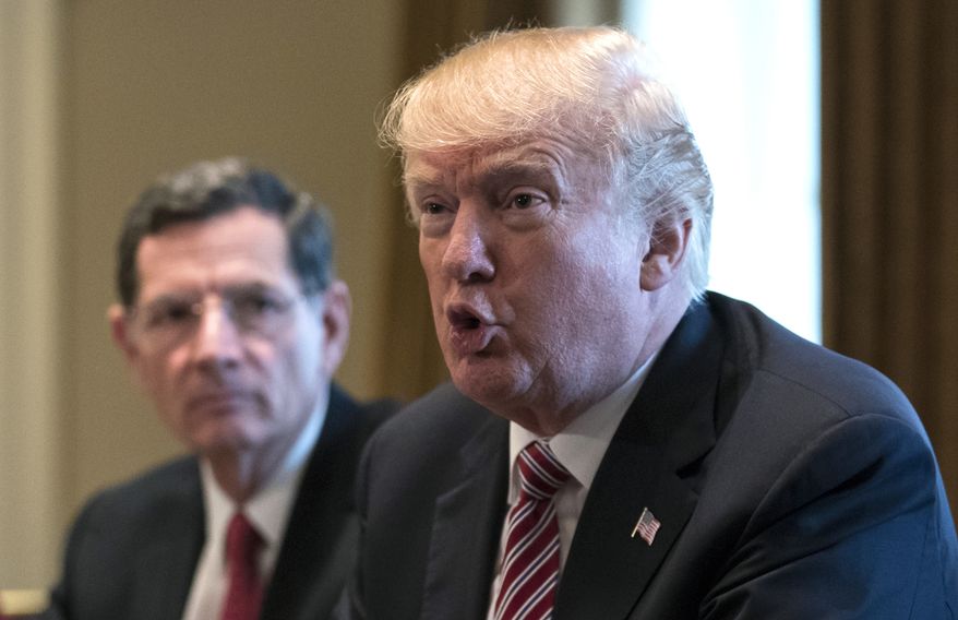 President Donald Trump, joined by Sen. John Barrasso, R-Wyo., left, speaks to media during a meeting with bipartisan members of Congress about infrastructure in the Cabinet Room of the White House in Washington, Wednesday, Feb. 14, 2018. (AP Photo/Carolyn Kaster)