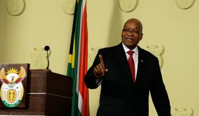 South African President Jacob Zuma addresses the nation and press at the government&#39;s Union Buildings in Pretoria, South Africa, Wednesday, Feb. 14, 2018. South Africa&#39;s President Jacob Zuma says he will resign &#39;with immediate effect&#39; (AP Photo/Themba Hadebe)