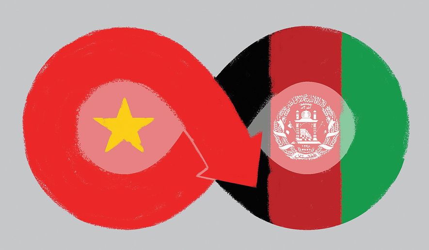 Illustration on history repeating itself in U.S. involvement in Afghanistan by Linas Garsys/The Washington Times