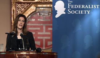 Associate Attorney General Rachel Brand addresses The Federalist Society luncheon in Washington, Thursday, Feb. 15, 2018. Brand, the third-highest-ranking official at the Justice Department, will step down nine months after she was confirmed as associate attorney general. (AP Photo/Susan Walsh)