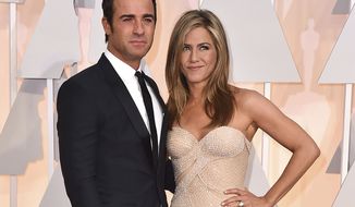 FILE - In this Feb. 22, 2015 file photo, Justin Theroux, left, and Jennifer Aniston arrive at the Oscars in Los Angeles. The couple announced Thursday, Feb. 15, 2018, that they have separated.  (Photo by Jordan Strauss/Invision/AP)