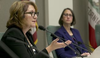 FILE - In this Nov. 28, 2017, file photo Assemblywoman Eloise Gomez Reyes, D-Grand Terrace, left, asks a question about the legislature&#x27;s policies concerning sexual harassment during a committee hearing on revising the California Assembly&#x27;s sexual harassment policies in Sacramento, Calif. At a hearing on, Thursday, Feb. 15, 2018, Gomez Reyes said the public deserves transparency in learning about lawmakers disciplined for sexual harassment. (AP Photo/Rich Pedroncelli, File)