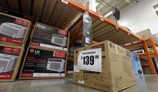 In this Aug. 1, 2017, file photo, fans and air conditioners are seen for sale at a hardware store in Seattle. (AP Photo/Elaine Thompson, File)