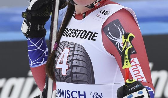 United States&#39; Breezy Johnson arrives at the finish area after competing during an alpine ski, women&#39;s world Cup downhill race, in Garmisch Partenkirchen, Germany, Saturday, Feb. 3, 2018. (AP Photo/Marco Tacca)