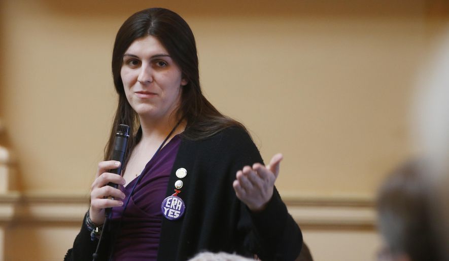 Del. Danica Roem, D-Prince William, gestures during debate on a bill during the House session at the Capitol in Richmond, Va., Tuesday, Feb. 13, 2018.  (AP Photo/Steve Helber)