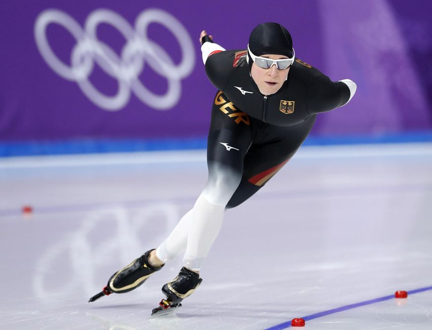 Claudia Pechstein, of Germany competes during the women's 3,000 meters race at the Gangneung Oval at the 2018 Winter Olympics in Gangneung, South Korea, Saturday, Feb. 10, 2018. (AP Photo/Petr David Josek)