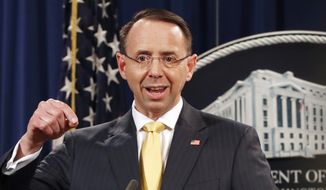 In this Feb. 16, 2018, file photo, Deputy Attorney General Rod Rosenstein, speaks to the media with an announcement that the office of special counsel Robert Mueller says a grand jury has charged 13 Russian nationals and several Russian entities.  **FILE**