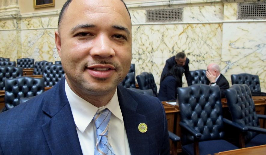 Maryland Del. Antonio Hayes, a Baltimore Democrat, talks about his bill to change the official state song in the Maryland House of Delegates on Friday, Feb. 16, 2018, in Annapolis, Md. His proposal is one of several under consideration this year to wipe "Northern scum" and other sensitive pre-Civil War phrases out of the official state song. (AP Photo/Brian Witte)