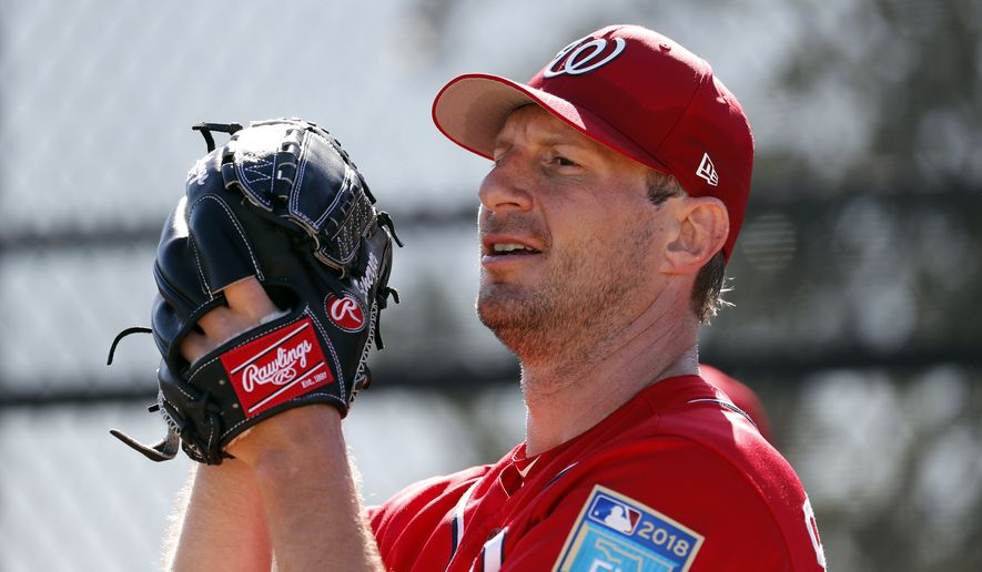 Washington Nationals pitcher Max Scherzer throws a bullpen session during spring training baseball practice Saturday, Feb. 17, 2018, in West Palm Beach, Fla. (AP Photo/Jeff Roberson) **FILE**