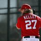 Washington Nationals pitcher Shawn Kelley throws a bullpen session during spring training baseball practice Saturday, Feb. 17, 2018, in West Palm Beach, Fla. (AP Photo/Jeff Roberson) **File**
