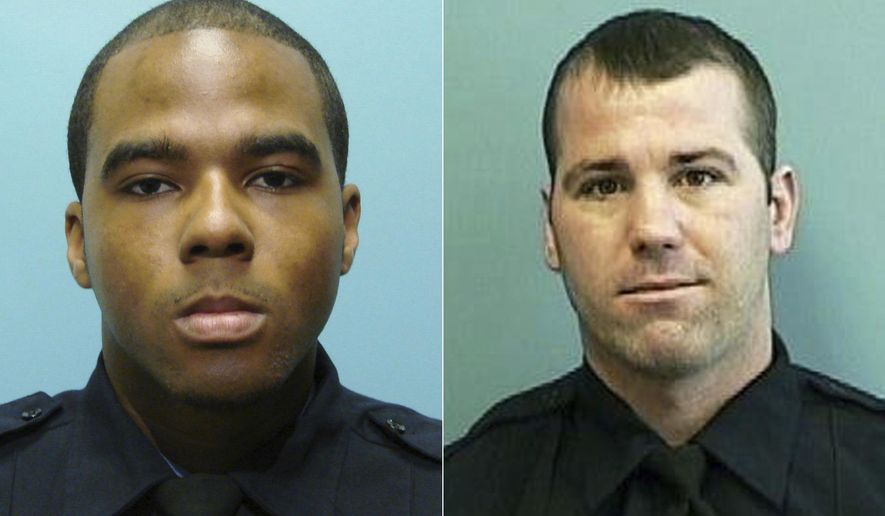 This photo combo from images provided by the Baltimore Police Department show from left, Detective Marcus Taylor and Detective Daniel Hersl. Taylor and Hersl were convicted of robbery, racketeering, and conspiracy on Feb. 12, 2018, in a trial that's part of an ongoing federal investigation into corruption among rogue members of the city's beleaguered police force. Acting Police Commissioner Darryl DeSousa says the department is determined to mend fences with the community. He’s introduced plans for random integrity and polygraph testing and created a new anti-corruption unit.(Baltimore Police Department via AP, File)