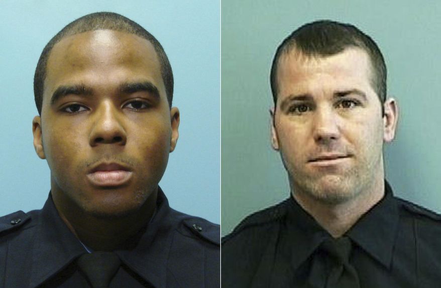 This photo combo from images provided by the Baltimore Police Department show from left, Detective Marcus Taylor and Detective Daniel Hersl. Taylor and Hersl were convicted of robbery, racketeering, and conspiracy on Feb. 12, 2018, in a trial that's part of an ongoing federal investigation into corruption among rogue members of the city's beleaguered police force. Acting Police Commissioner Darryl DeSousa says the department is determined to mend fences with the community. He’s introduced plans for random integrity and polygraph testing and created a new anti-corruption unit.(Baltimore Police Department via AP, File)