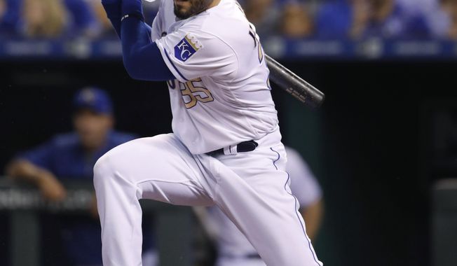FILE - In a Friday, Sept. 29, 2017 file photo, Kansas City Royals&#x27; Eric Hosmer hits an RBI-single in the first inning of a baseball game against the Arizona Diamondbacks at Kauffman Stadium in Kansas City, Mo. A person with direct knowledge of the deal said Sunday, Feb. 18, 2018 that free agent first baseman Hosmer has reached preliminary agreement on an eight-year contract with the San Diego Padres, pending a physical.  (AP Photo/Colin E. Braley, File)